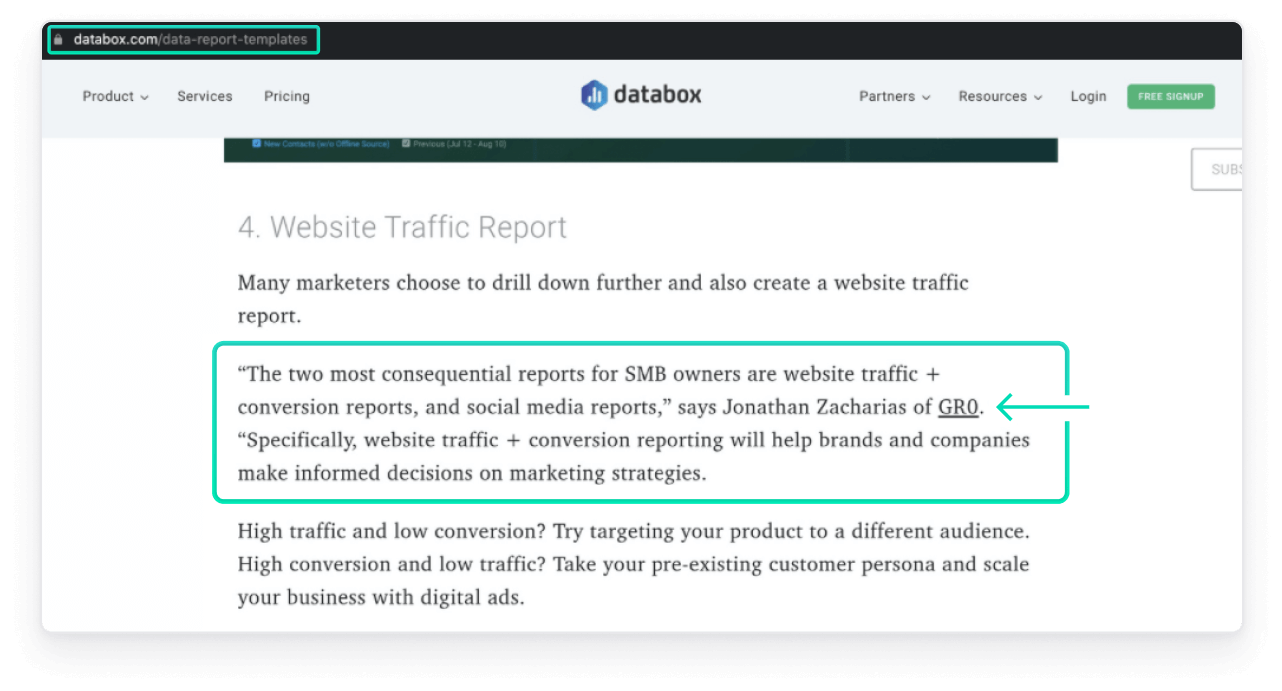 Organic links as shown in a blog post article by Databox