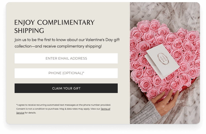 Pop-up modal with free shipping from Venus Et Fleur