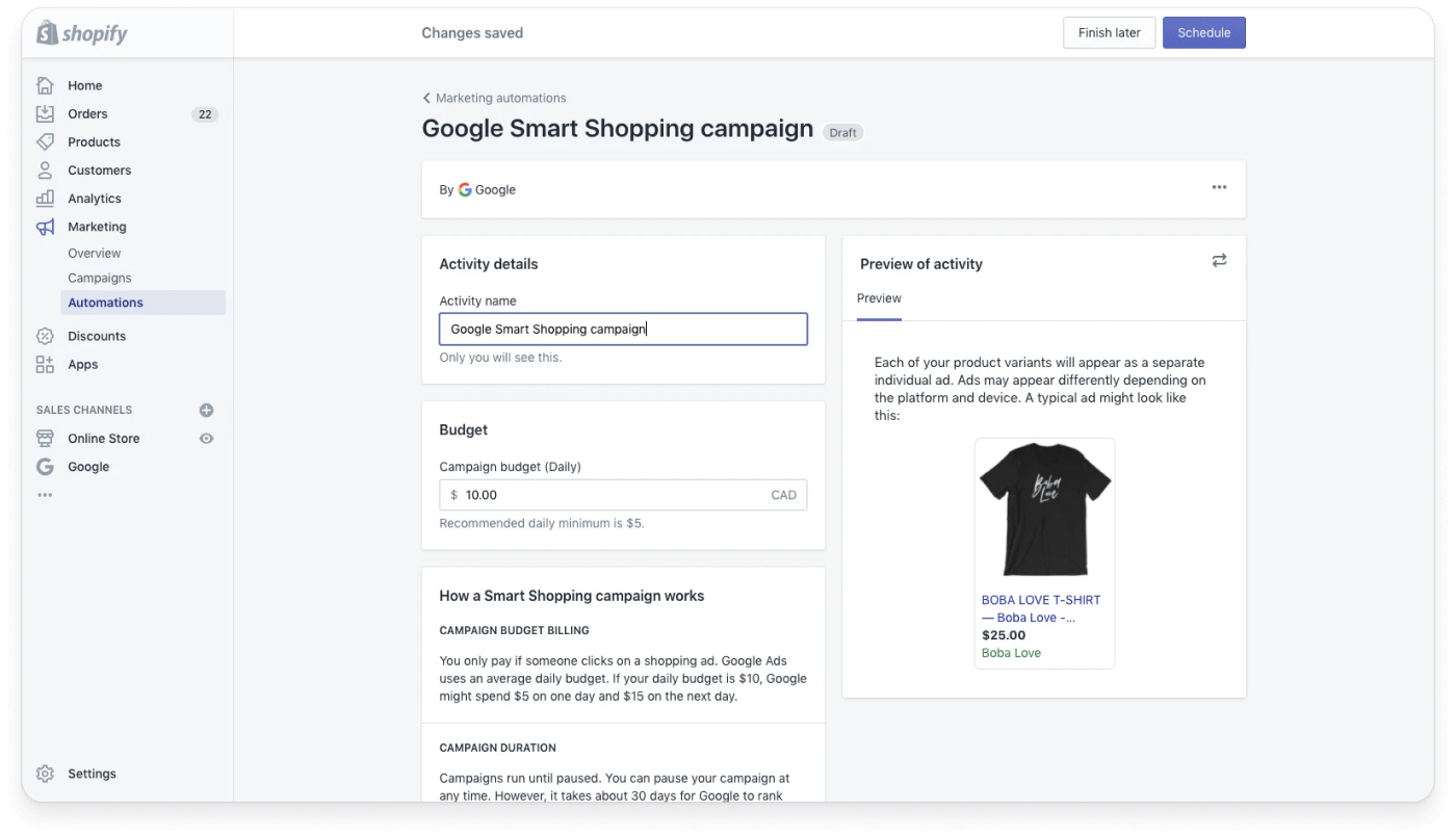 Settings for a campaign built using the Google App for Shopify