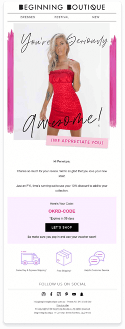 Review request email for Beginning Boutique