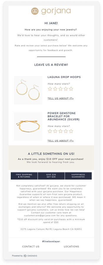 Review request email for Gorjana