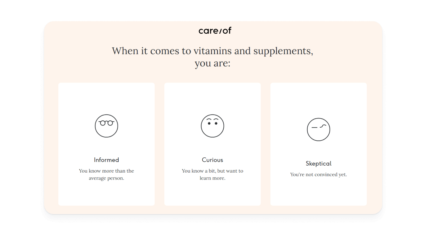 Care/of product recommendation quizzes