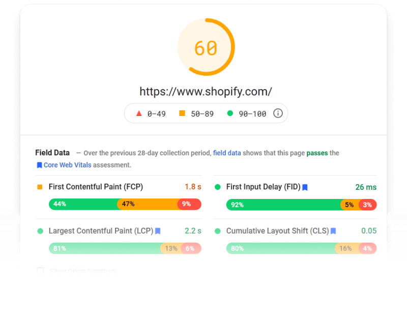Google Lighthouse (or Page Speed Insights) results for the main Shopify website