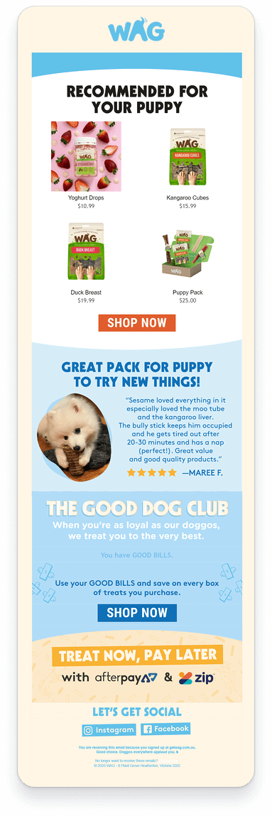 Product recommendations in email for WAG