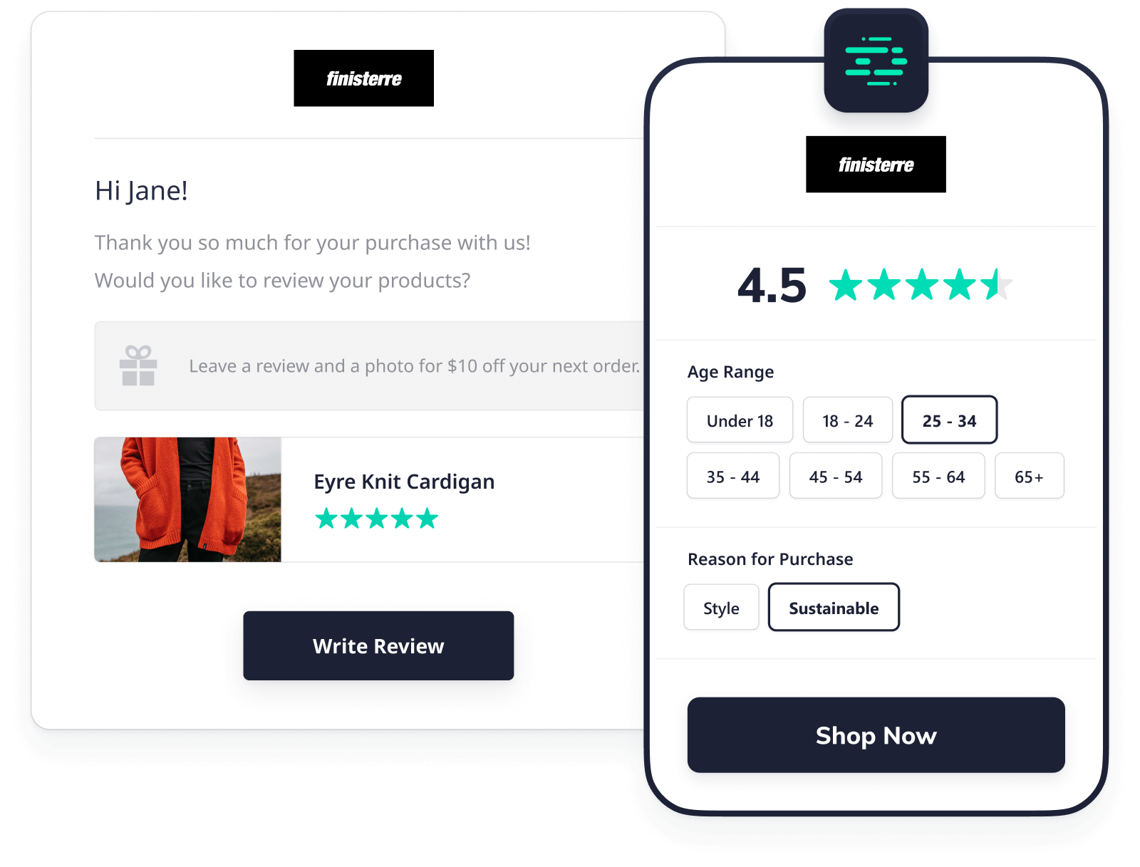 Review request email with review capture form for Finnisterre