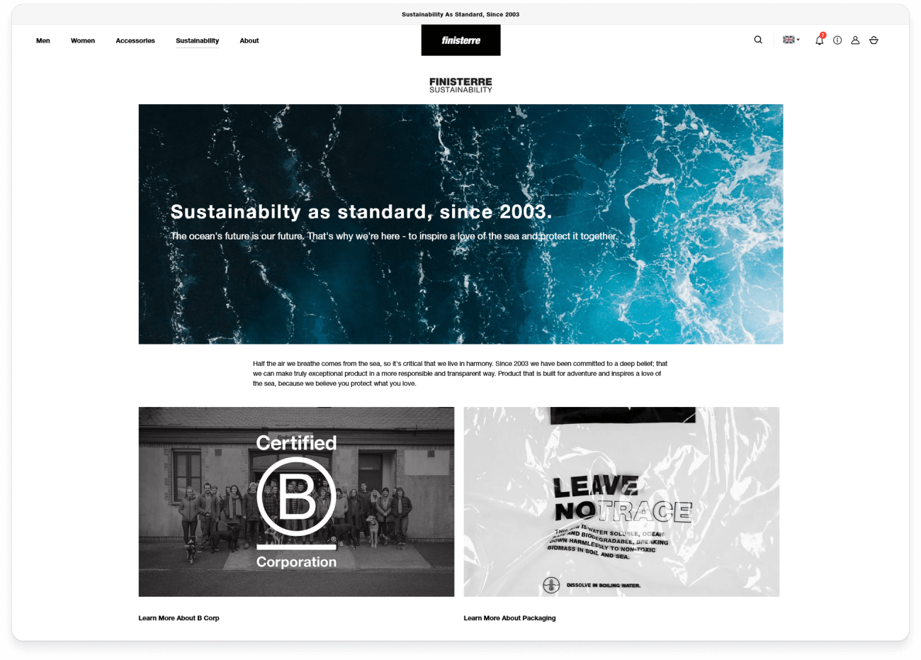 Dedicated sustainability page for Finnisterre