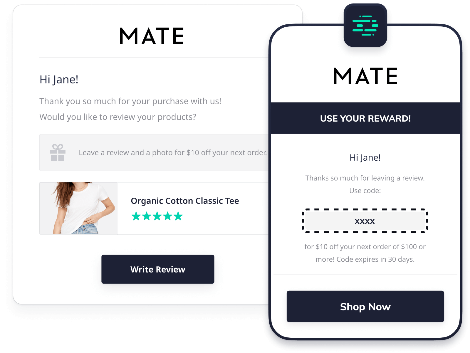 Review request email with coupon for MATE the Label
