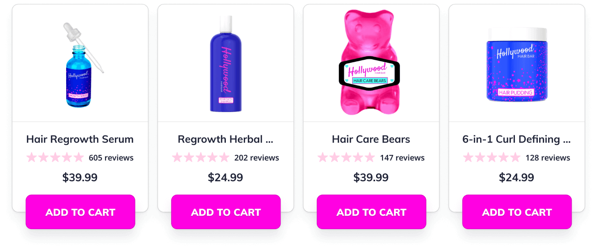 Product recommendations with Rebuy and Okendo Reviews for Hollywood Hair Bar