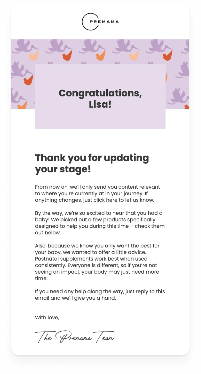 Congratulations email for Premama