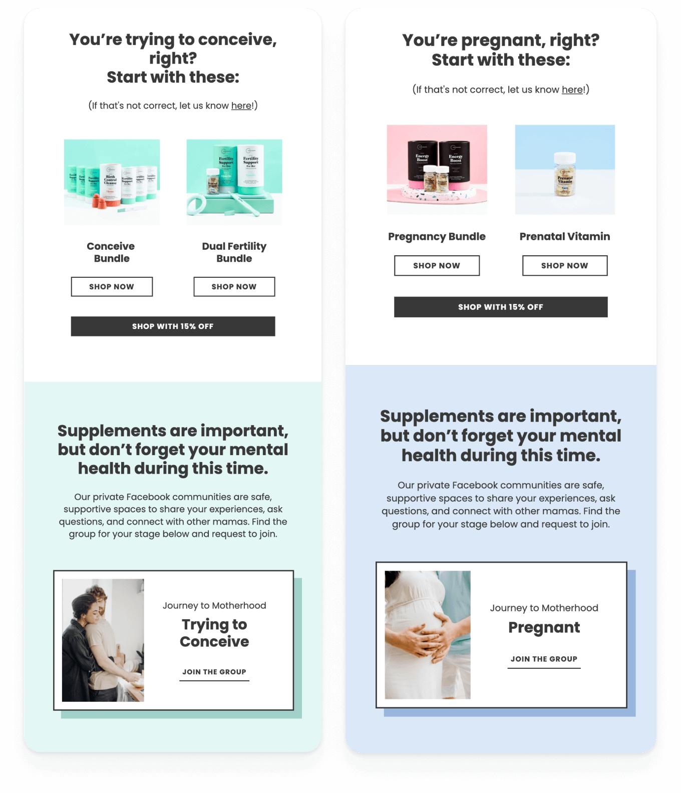 Emails for 'Trying to conceive' and 'Pregnant'