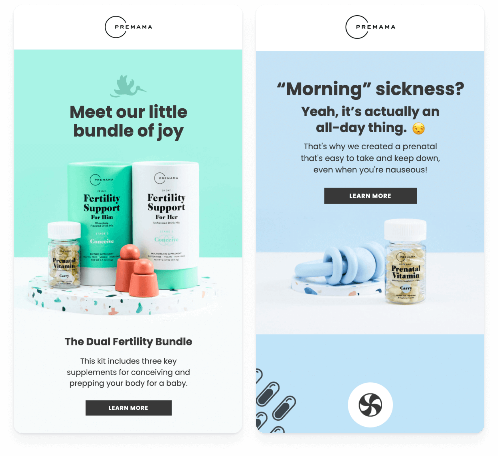 Emails for 'Fertility Bundle Highlight' and 'Morning Sickness'