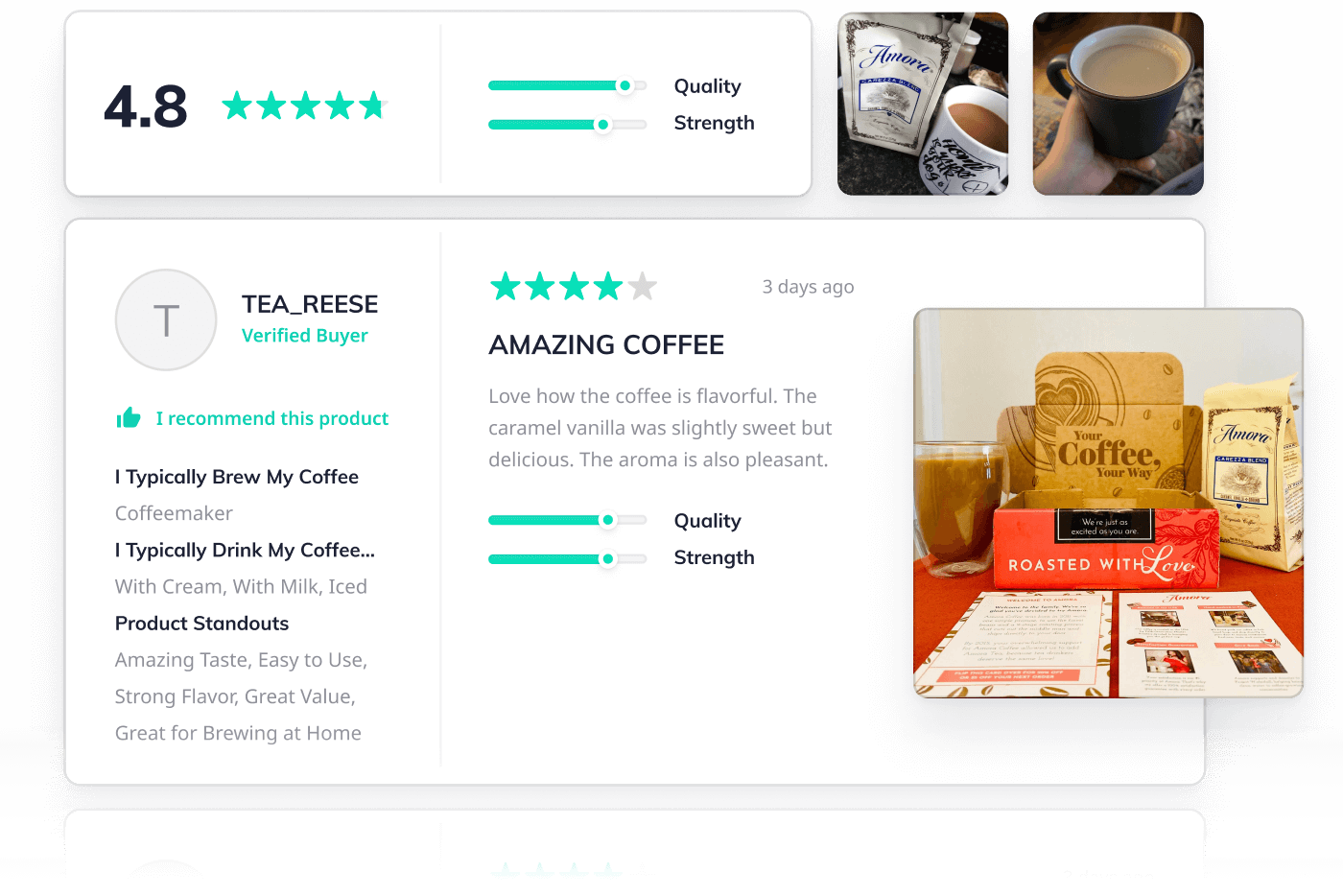 Stylized Okendo reviews widget for Amora Coffee