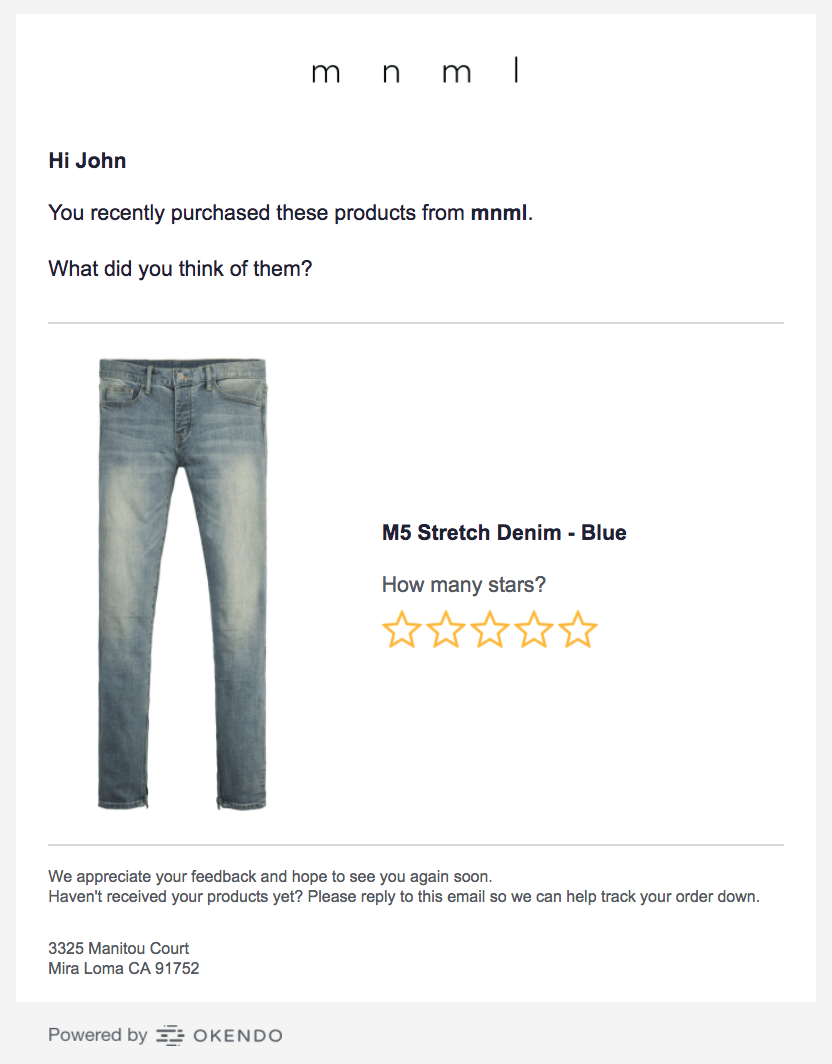 Email for a MNML product using Okendo Reviews