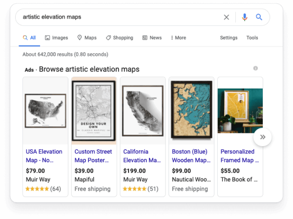 Google Shopping results with Muir Way products