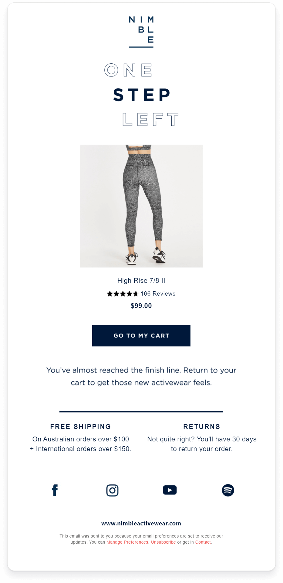 View of a Nimble Activewear abandoned cart email
