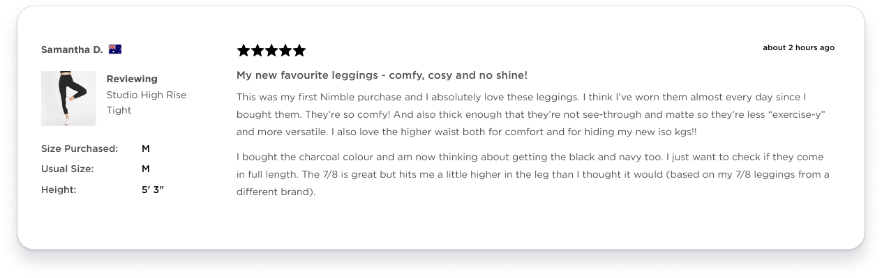 Review for a Nimble Activewear product using Okendo Reviews