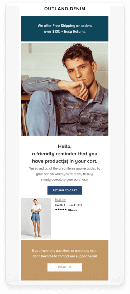 Email with social proof for Outland Denim