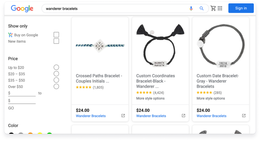 Screenshot of Google Shopping results showing Wanderer Bracelets products with reviews