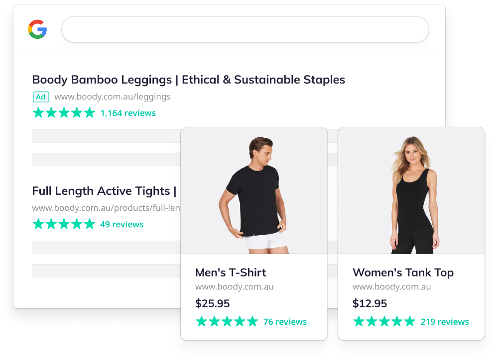 Okendo review content in Google search results and Facebook ads
