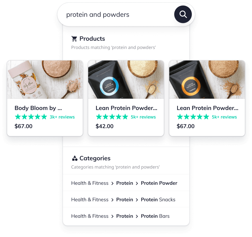 Search results showing matching products and categories