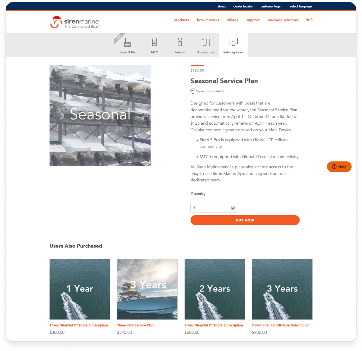 Screenshot of Siren Marine seasonal service plan page
