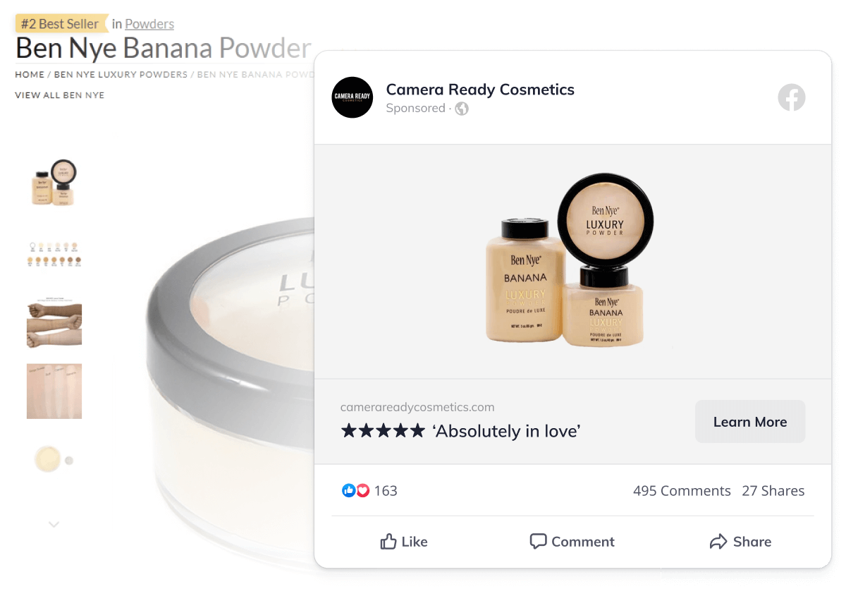 Facebook retargeting ad for Ben Nye Banana Powder from Camera Ready Cosmetics with Okendo Review data