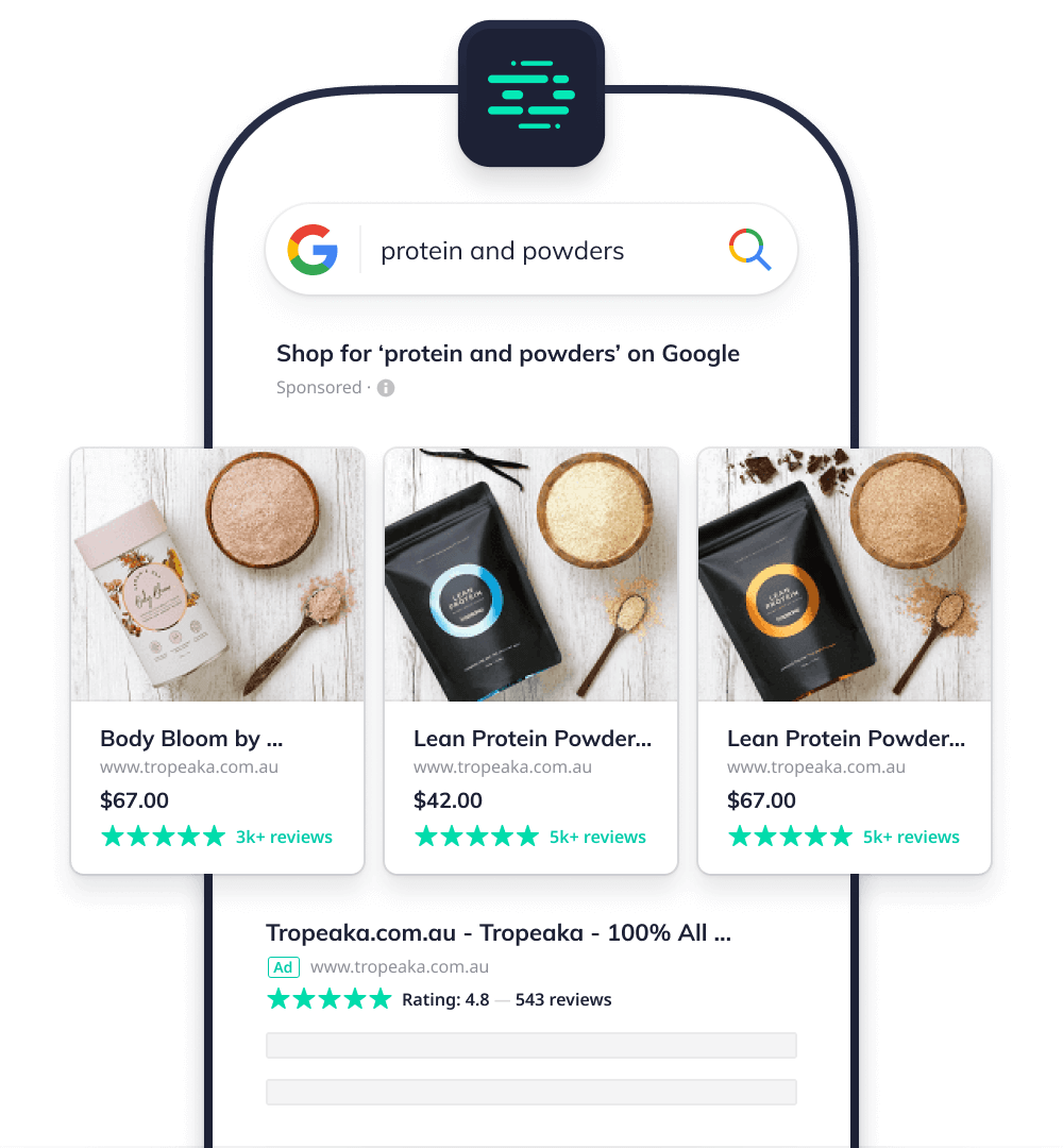 Google search results page for protein powder products