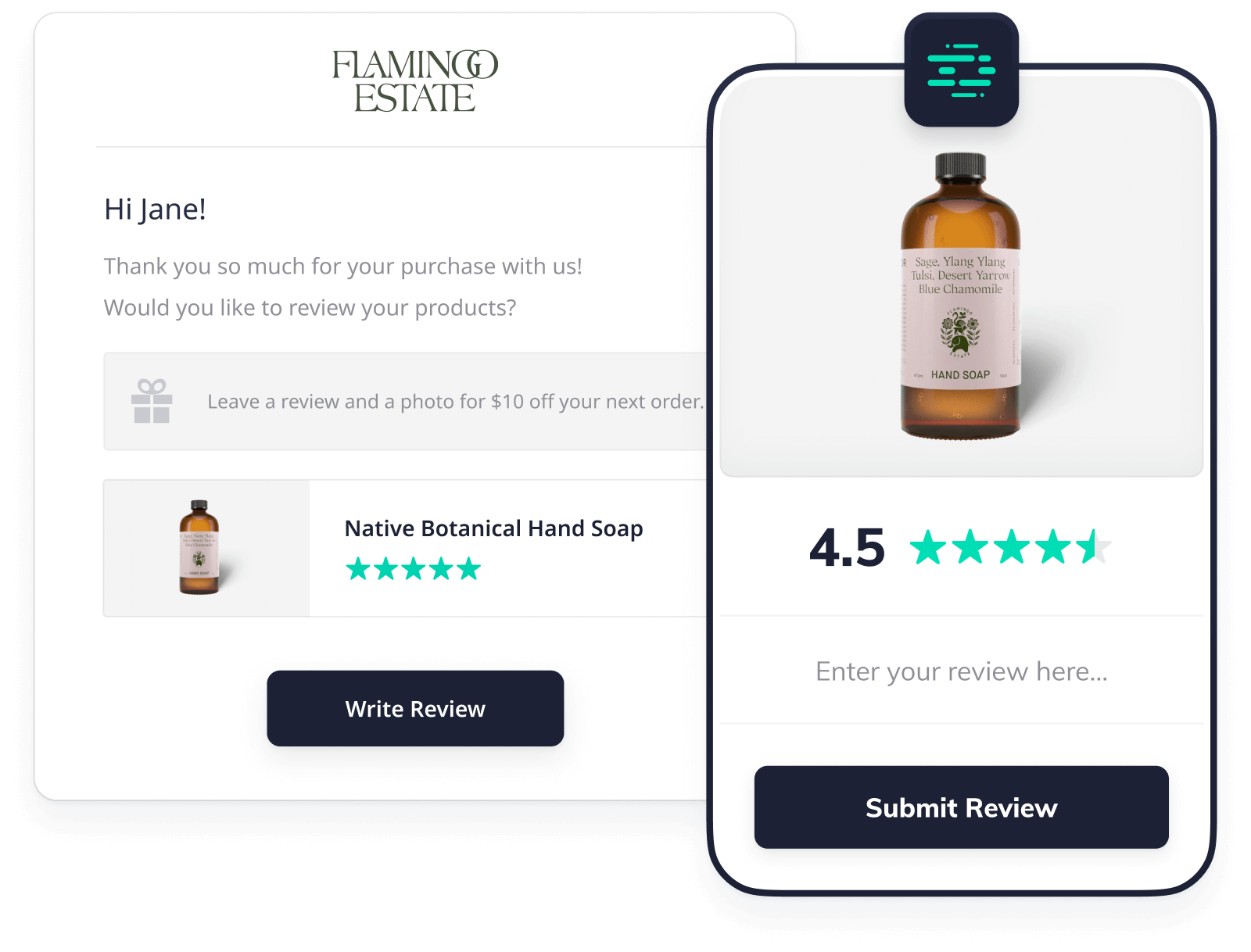 Review request email for Flamingo Estate with review capture form