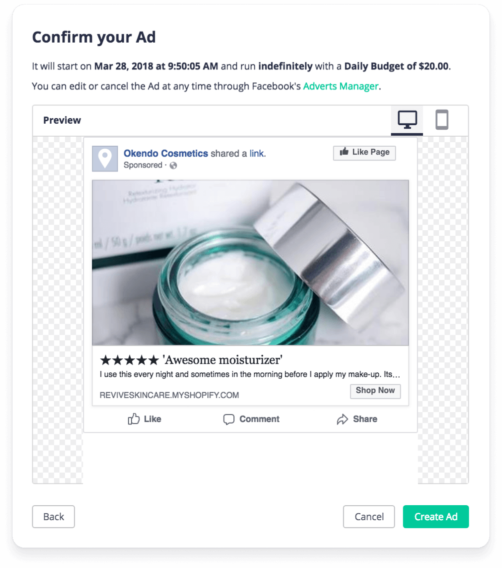 Facebook retargeting ad created with Okendo