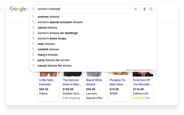 Google search results with autocomplete results for womens dresses