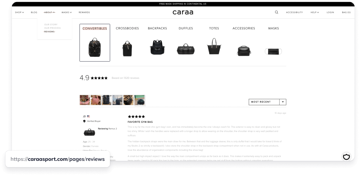 Reviews page for Caraa with consistent URL