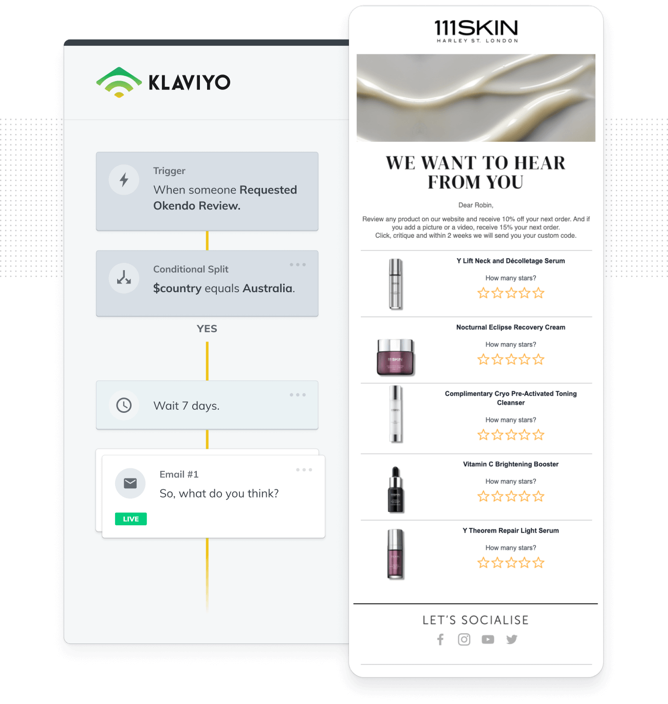 Klaviyo flow for a review request email for 111Skin