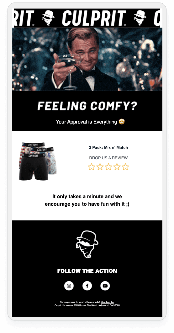 Review request email for Culprit Underwear