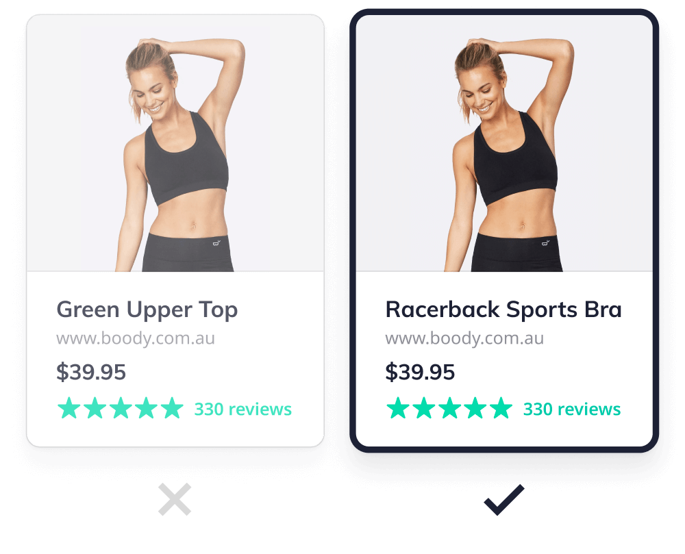 Comparison of bad vs good product title for Google Shopping ads