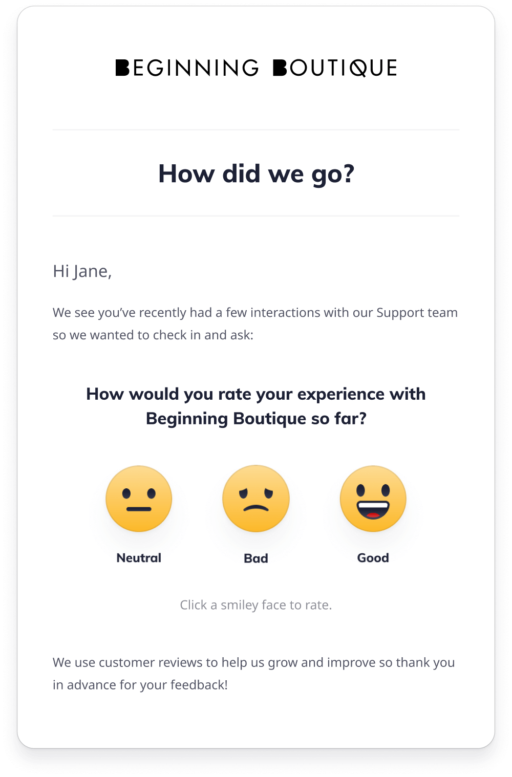 Feedback request email for Beginning Boutique