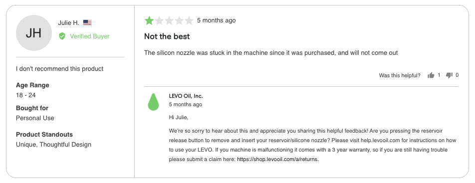 Negative review response for Levo Oil