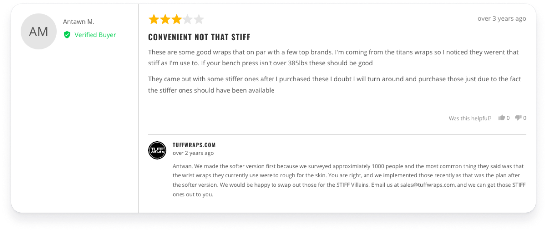 Negative review response for Tuff Wraps