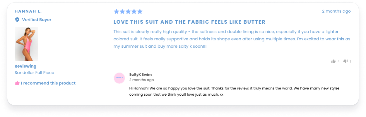 Positive review response for Salty K