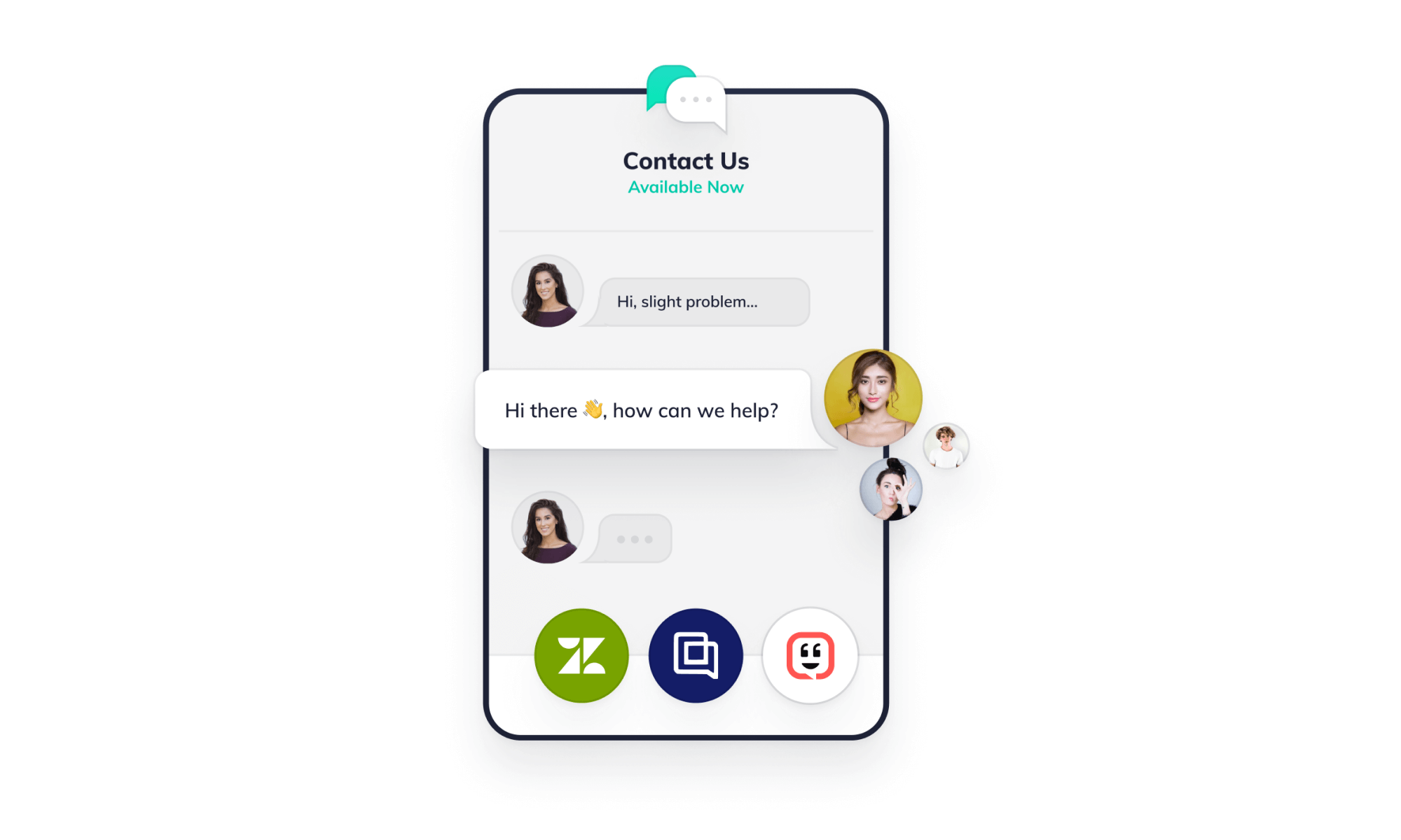 Helpdesk chat window with Zendesk, Gorgias & Kustomer logos